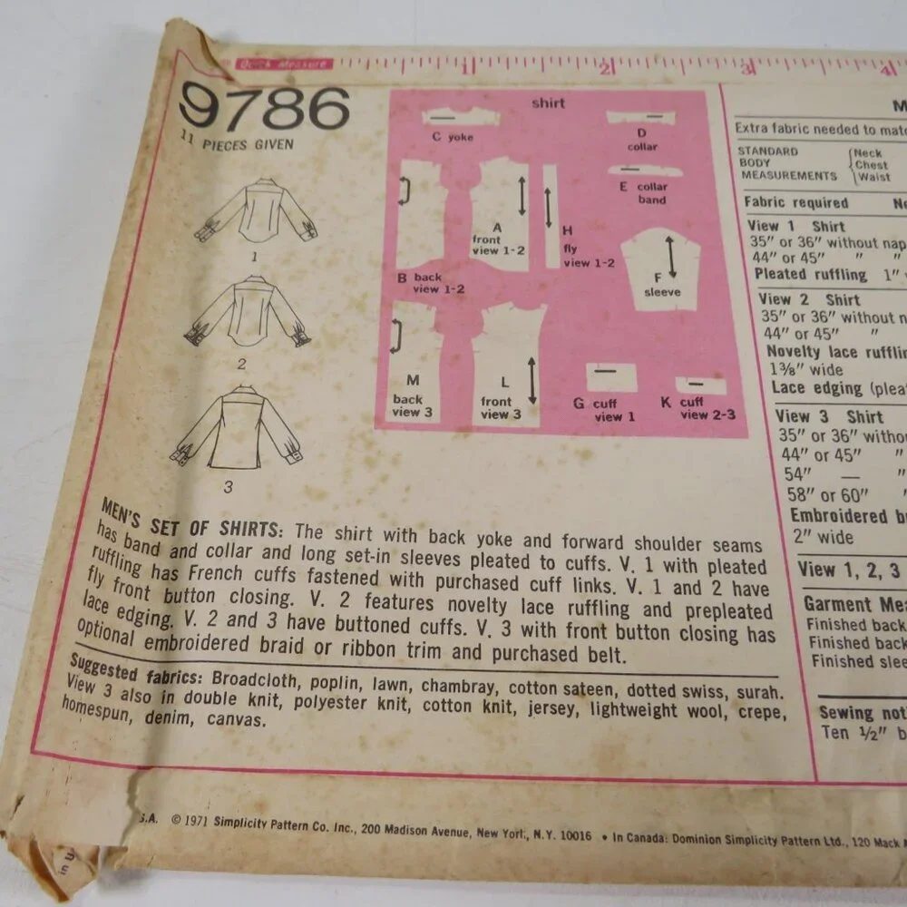 Simplicity 9786 clothing pattern Men's Shirt 15.5